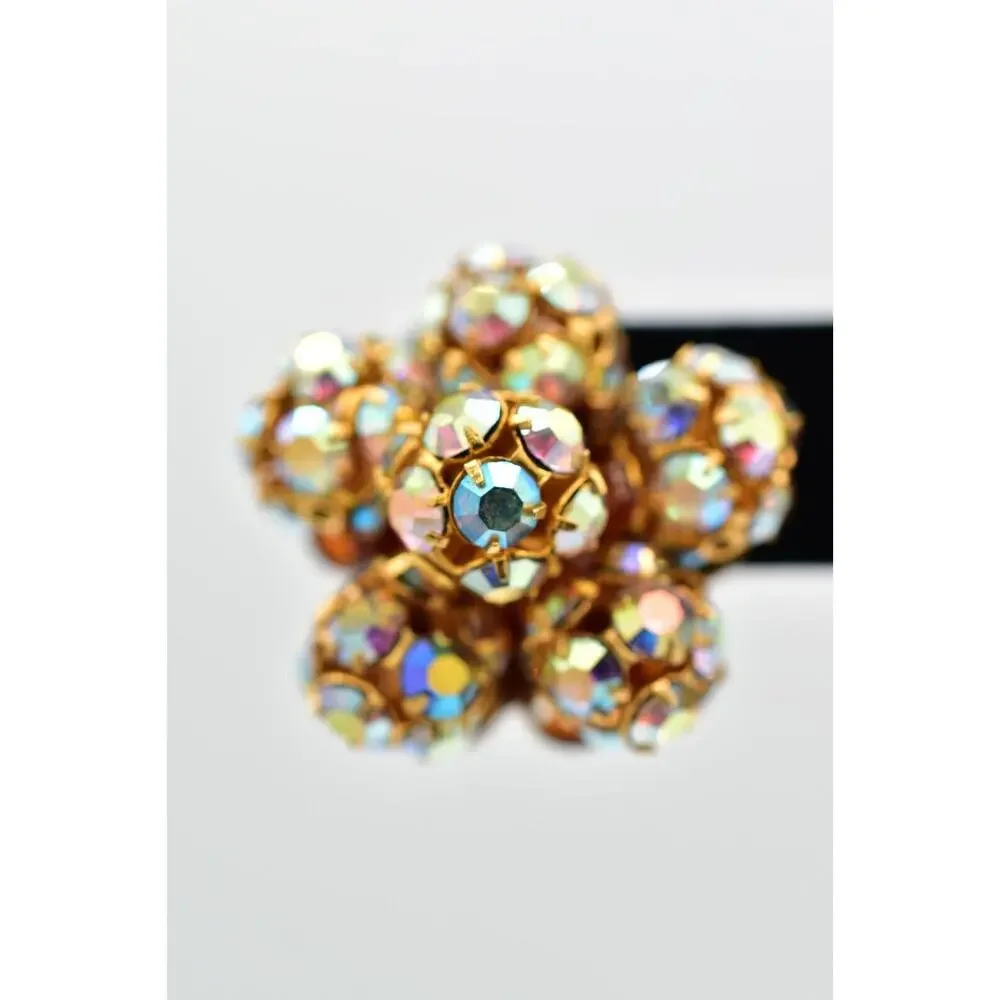 Vintage Crystal Clip On Earrings Aurora Borealis Prong Ball Flower 1950s BinBK